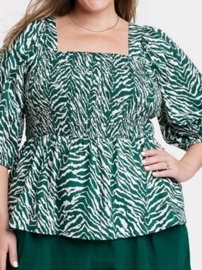 Ava & Viv Green and White Zebra Smocked Peplum Blouse